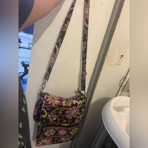 Vera Bradley large crossbody purse purple green and dark brown flowers